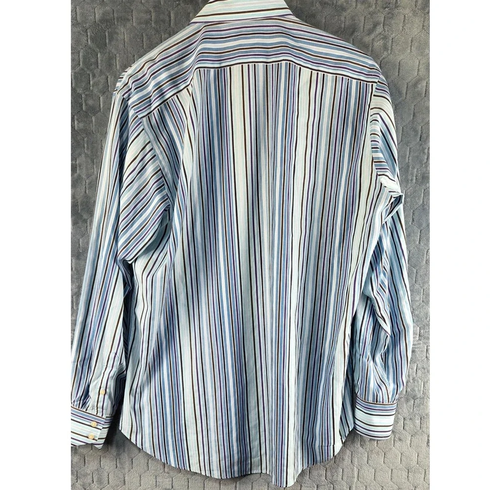 Thomas Dean Mens XL‎ Long Sleeve Button Down Shirt Blue Purple Striped Cotton